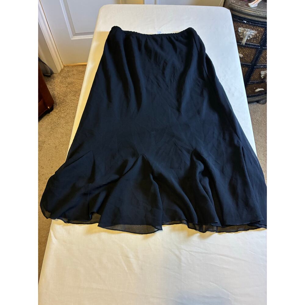 Vintage Gothcore Black Flowy Midi Skirt Made in USA Sheer Overlay Elastic Waist